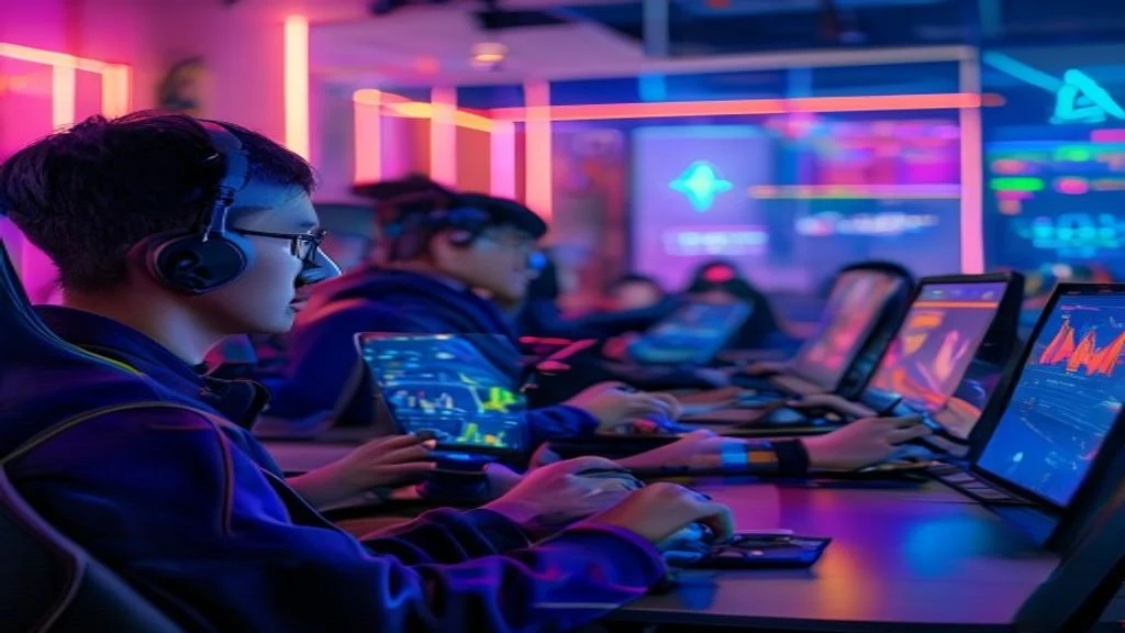 Pemainan daring menampilkan pemain beraksi dalam dunia virtual berwarna, menunjukkan grafik modern dan interaksi real...