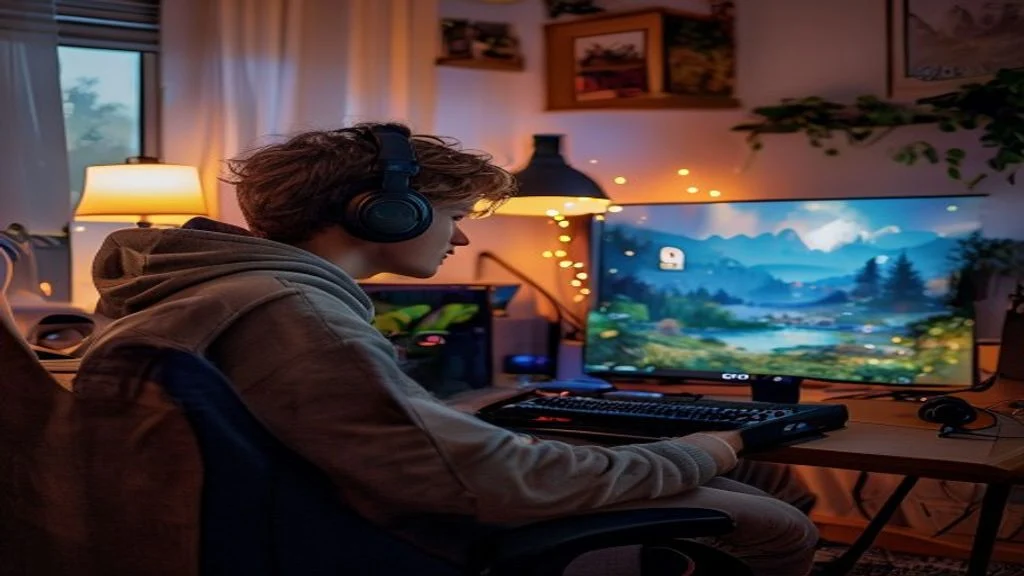 Gambar karakter game aksi petualangan di layar komputer